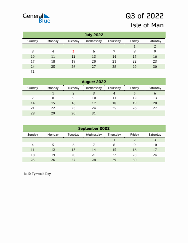 Quarterly Calendar 2022 with Isle of Man Holidays