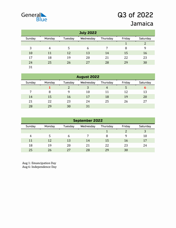 Quarterly Calendar 2022 with Jamaica Holidays