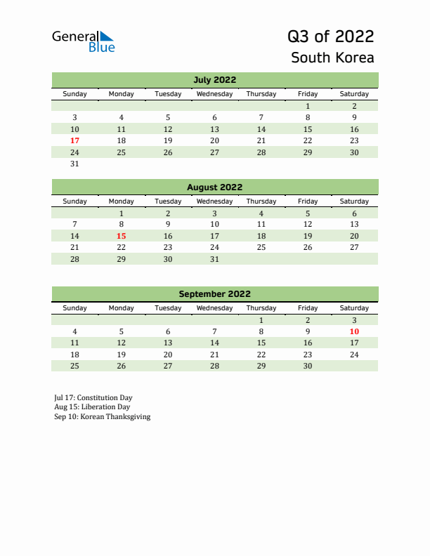 Quarterly Calendar 2022 with South Korea Holidays