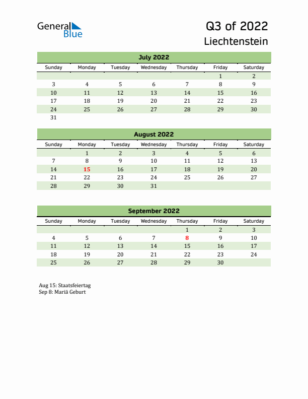 Quarterly Calendar 2022 with Liechtenstein Holidays