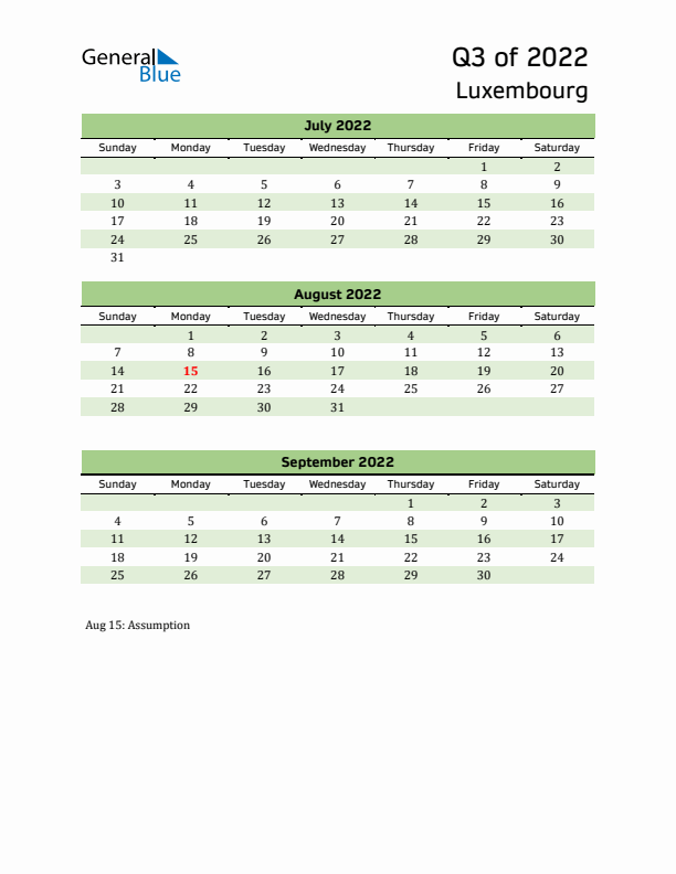 Quarterly Calendar 2022 with Luxembourg Holidays