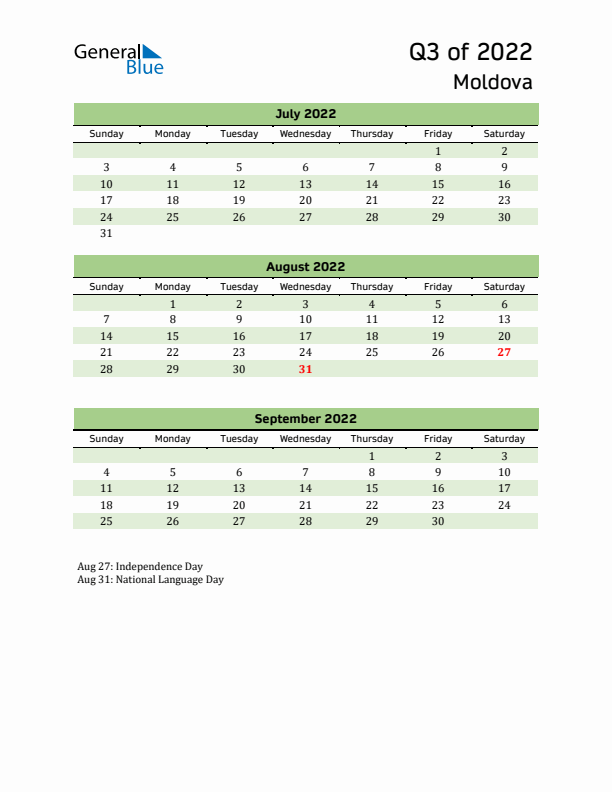 Quarterly Calendar 2022 with Moldova Holidays