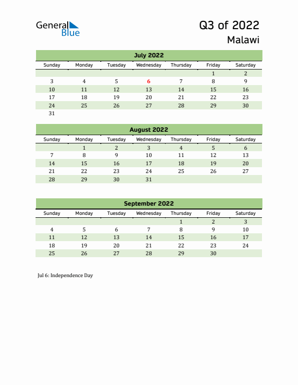 Quarterly Calendar 2022 with Malawi Holidays