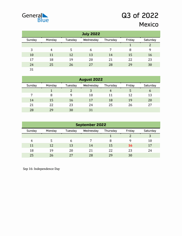 Quarterly Calendar 2022 with Mexico Holidays