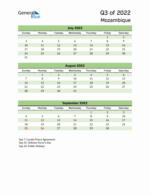 Quarterly Calendar 2022 with Mozambique Holidays