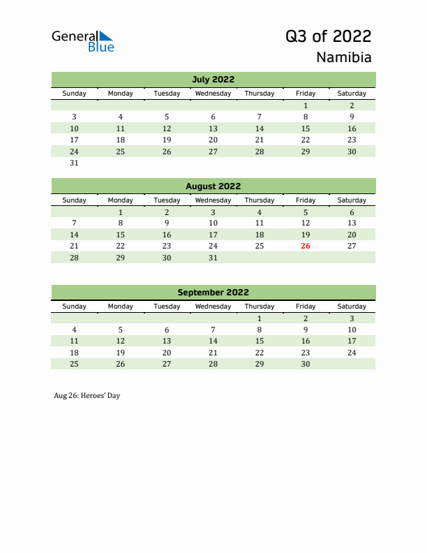 Quarterly Calendar 2022 with Namibia Holidays