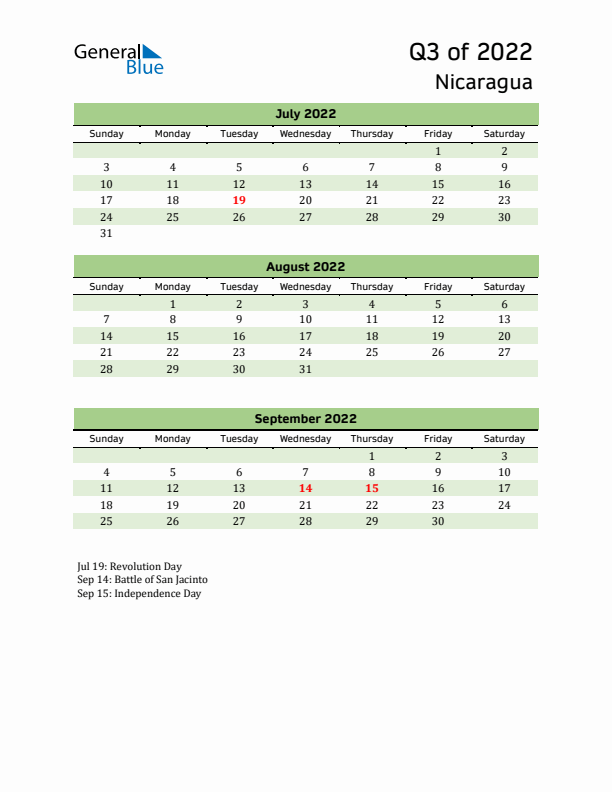 Quarterly Calendar 2022 with Nicaragua Holidays