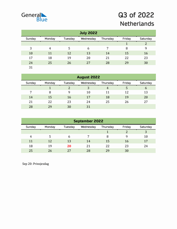 Quarterly Calendar 2022 with The Netherlands Holidays