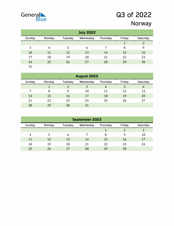 Quarterly Calendar 2022 with Norway Holidays