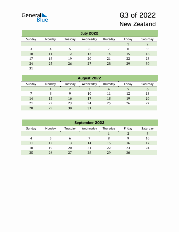 Quarterly Calendar 2022 with New Zealand Holidays