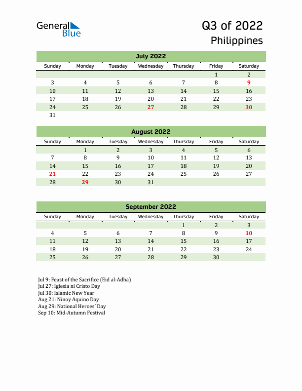 Quarterly Calendar 2022 with Philippines Holidays