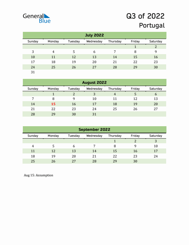 Quarterly Calendar 2022 with Portugal Holidays