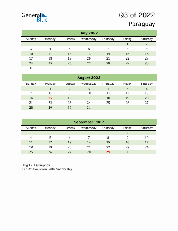 Quarterly Calendar 2022 with Paraguay Holidays