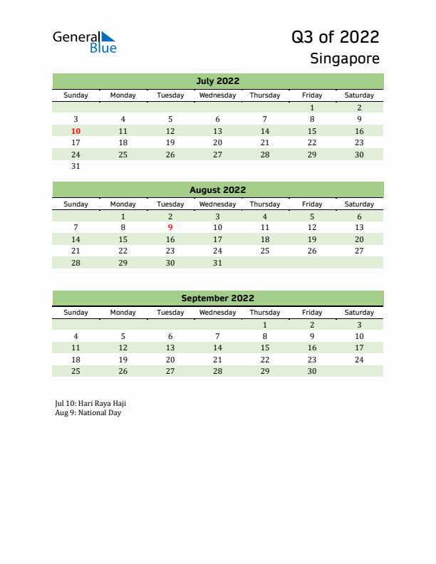 Quarterly Calendar 2022 with Singapore Holidays