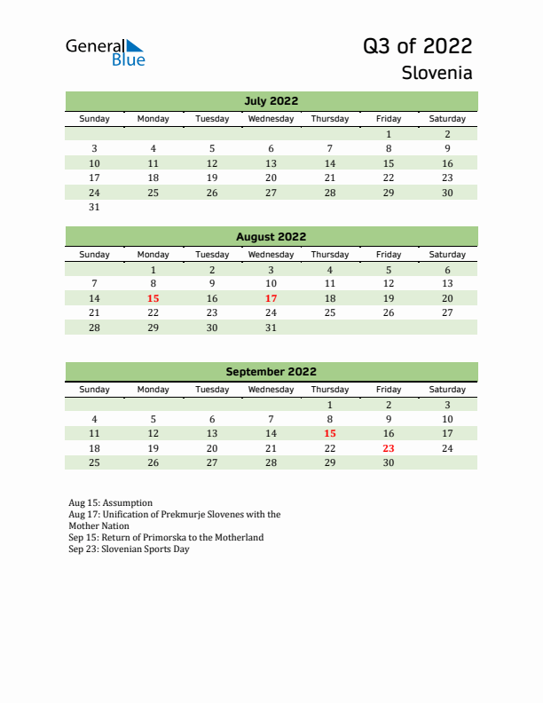 Quarterly Calendar 2022 with Slovenia Holidays