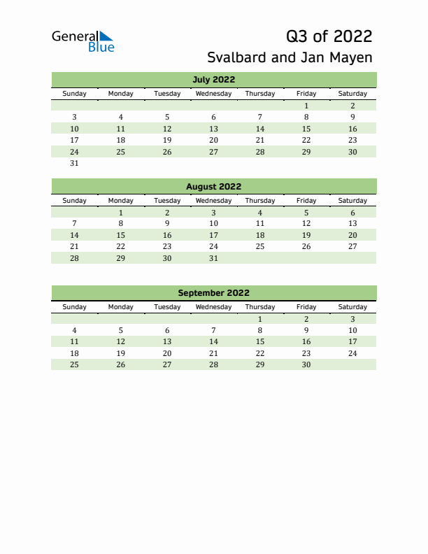 Quarterly Calendar 2022 with Svalbard and Jan Mayen Holidays