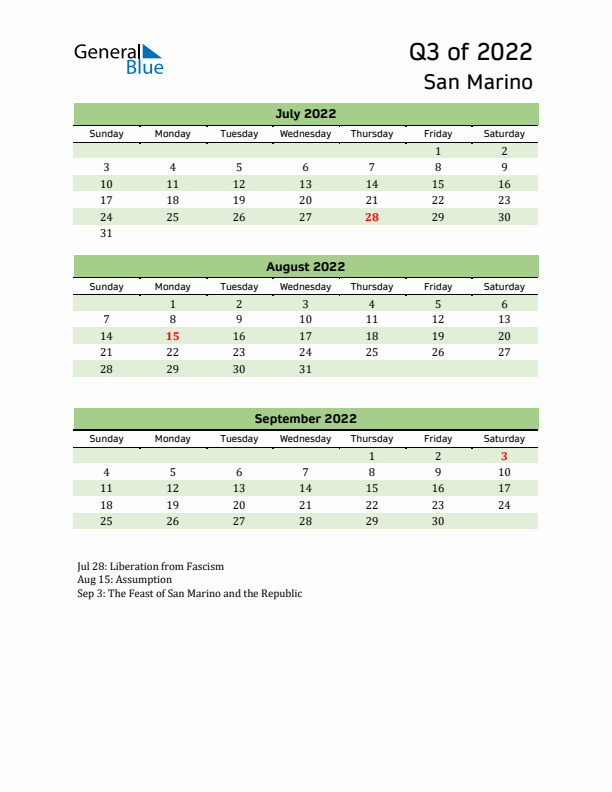 Quarterly Calendar 2022 with San Marino Holidays