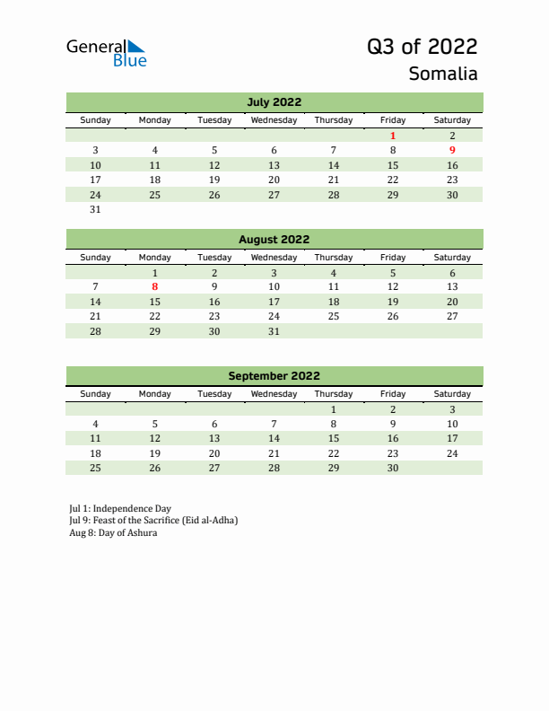 Quarterly Calendar 2022 with Somalia Holidays