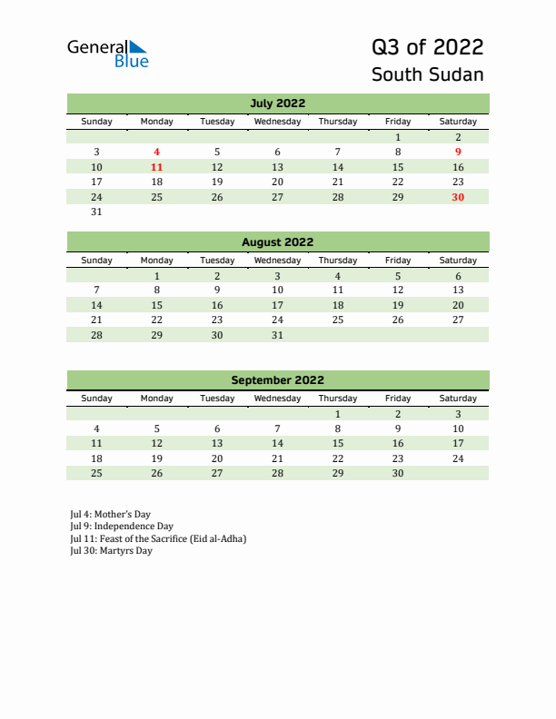 Quarterly Calendar 2022 with South Sudan Holidays