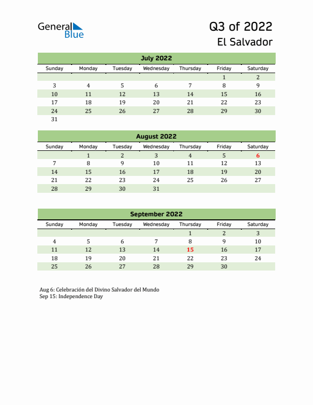 Quarterly Calendar 2022 with El Salvador Holidays