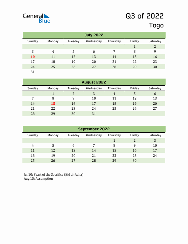 Quarterly Calendar 2022 with Togo Holidays