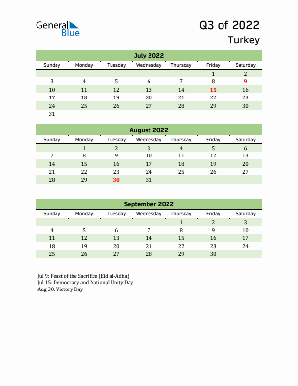 Quarterly Calendar 2022 with Turkey Holidays