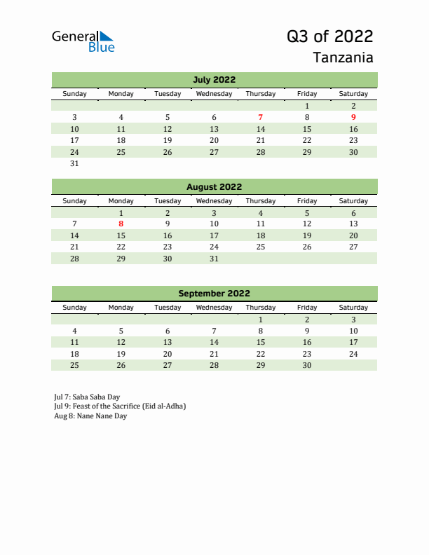 Quarterly Calendar 2022 with Tanzania Holidays