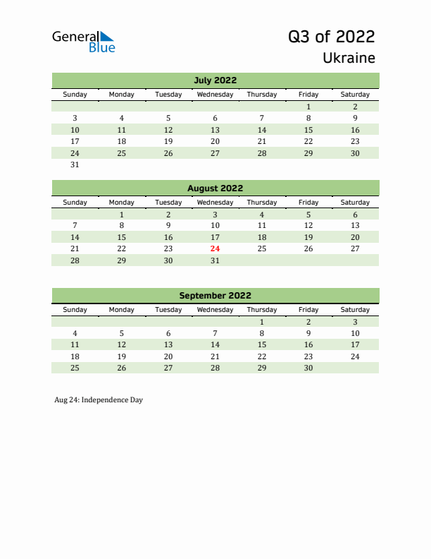 Quarterly Calendar 2022 with Ukraine Holidays