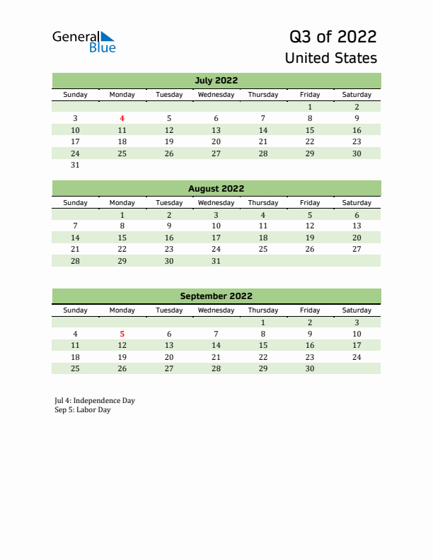 Quarterly Calendar 2022 with United States Holidays