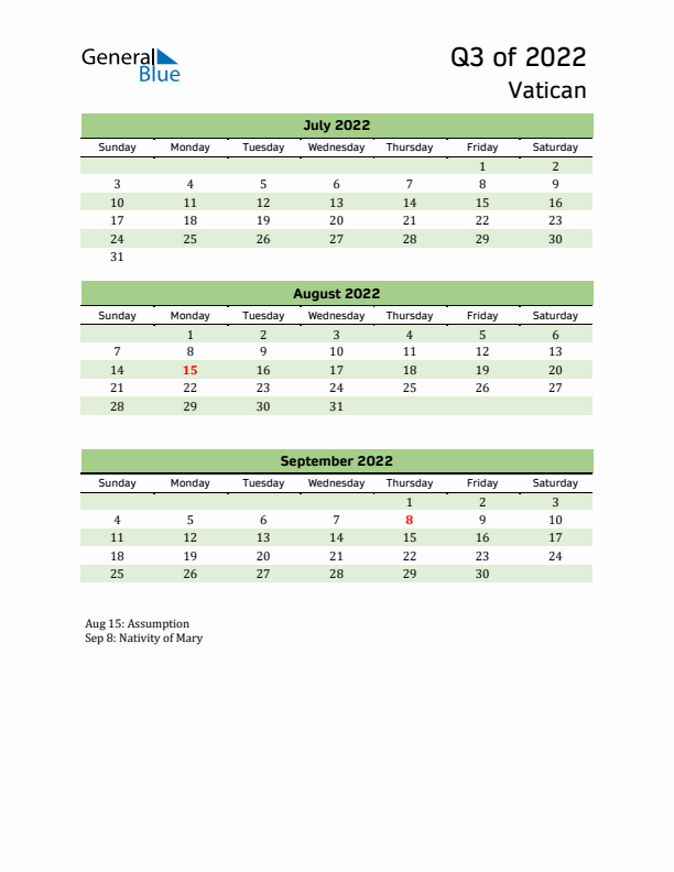 Quarterly Calendar 2022 with Vatican Holidays