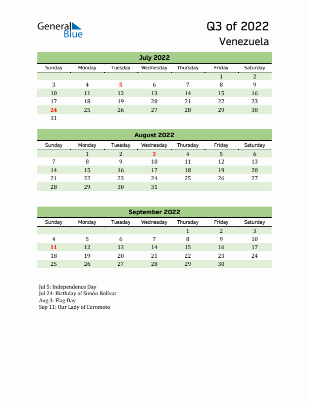 Quarterly Calendar 2022 with Venezuela Holidays