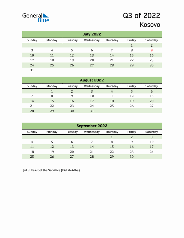 Quarterly Calendar 2022 with Kosovo Holidays