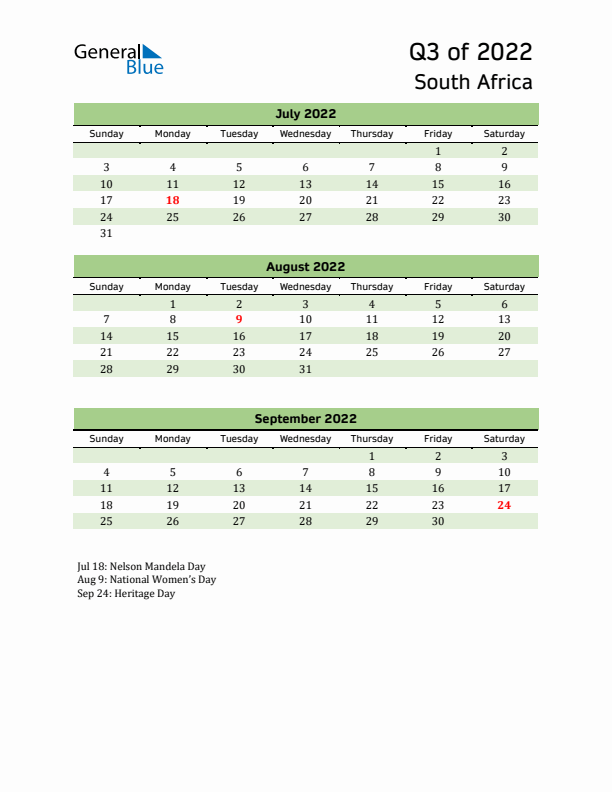 Quarterly Calendar 2022 with South Africa Holidays