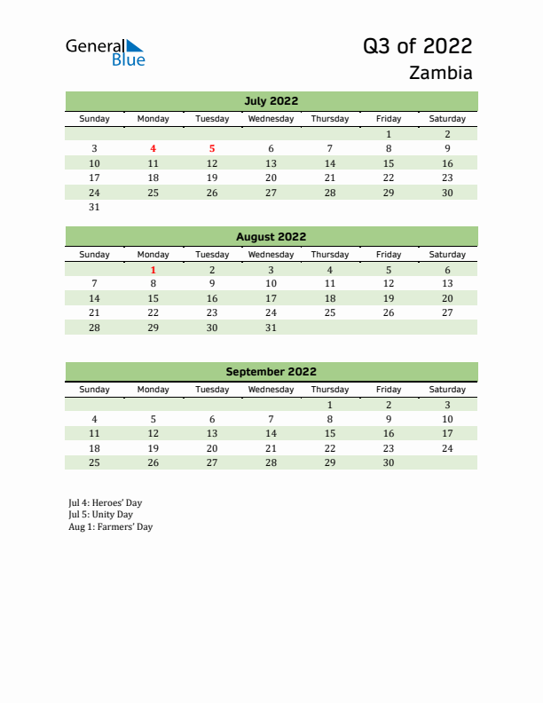 Quarterly Calendar 2022 with Zambia Holidays