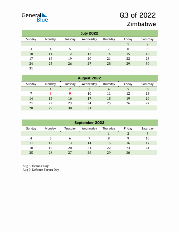 Quarterly Calendar 2022 with Zimbabwe Holidays