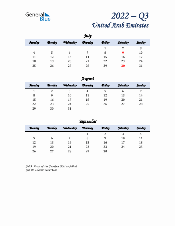 July, August, and September Calendar for United Arab Emirates with Monday Start