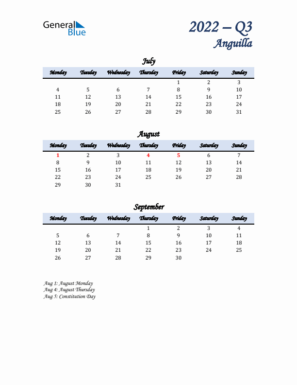 July, August, and September Calendar for Anguilla with Monday Start