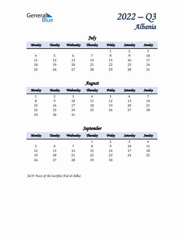 July, August, and September Calendar for Albania with Monday Start