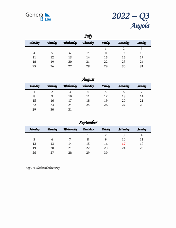 July, August, and September Calendar for Angola with Monday Start