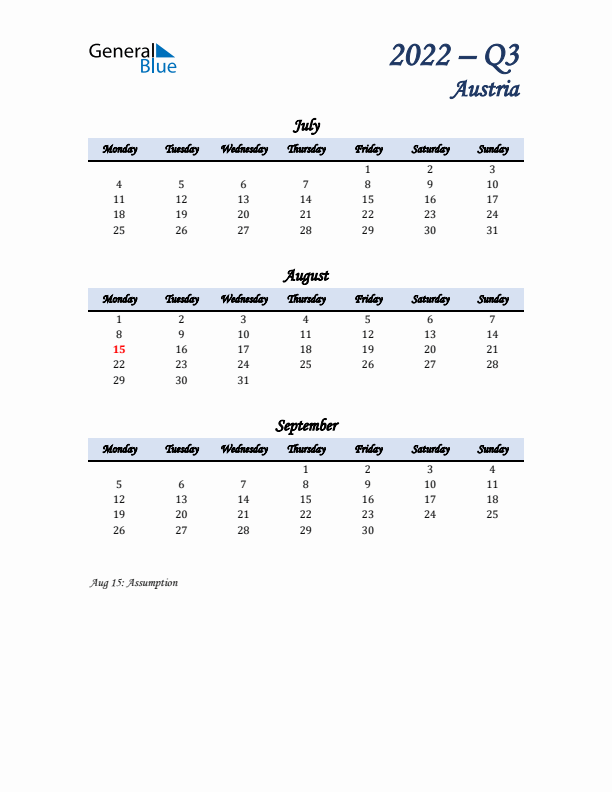 July, August, and September Calendar for Austria with Monday Start