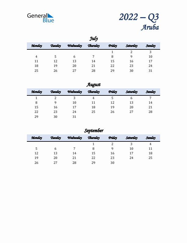 July, August, and September Calendar for Aruba with Monday Start