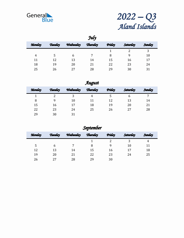 July, August, and September Calendar for Aland Islands with Monday Start