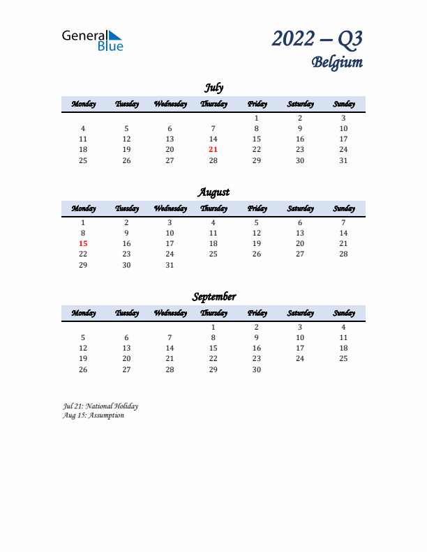 July, August, and September Calendar for Belgium with Monday Start