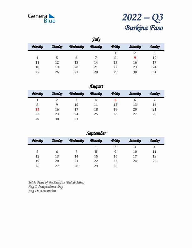 July, August, and September Calendar for Burkina Faso with Monday Start