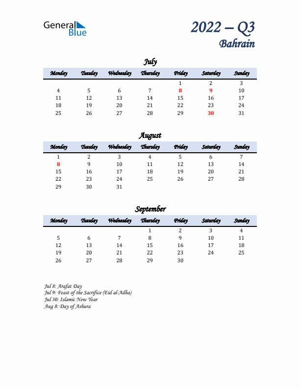 July, August, and September Calendar for Bahrain with Monday Start