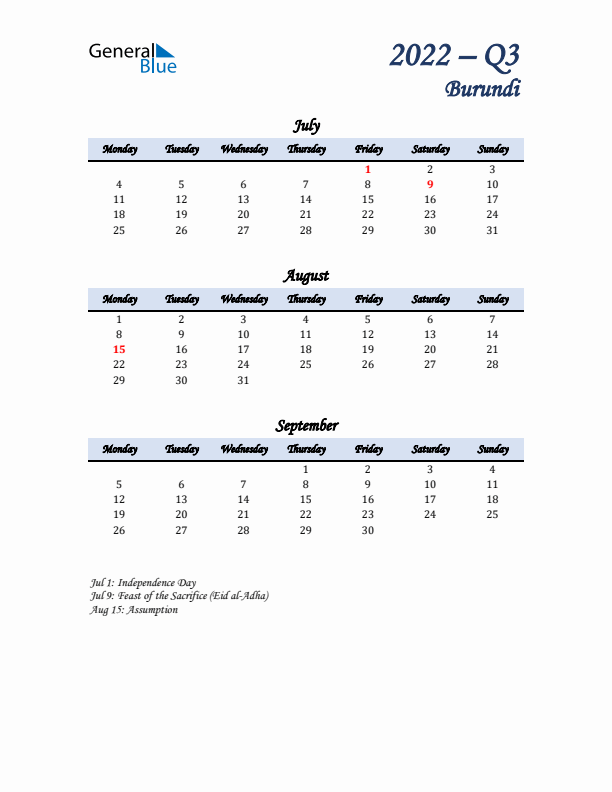 July, August, and September Calendar for Burundi with Monday Start