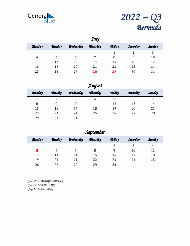 July, August, and September Calendar for Bermuda with Monday Start