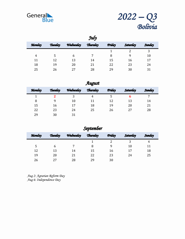 July, August, and September Calendar for Bolivia with Monday Start