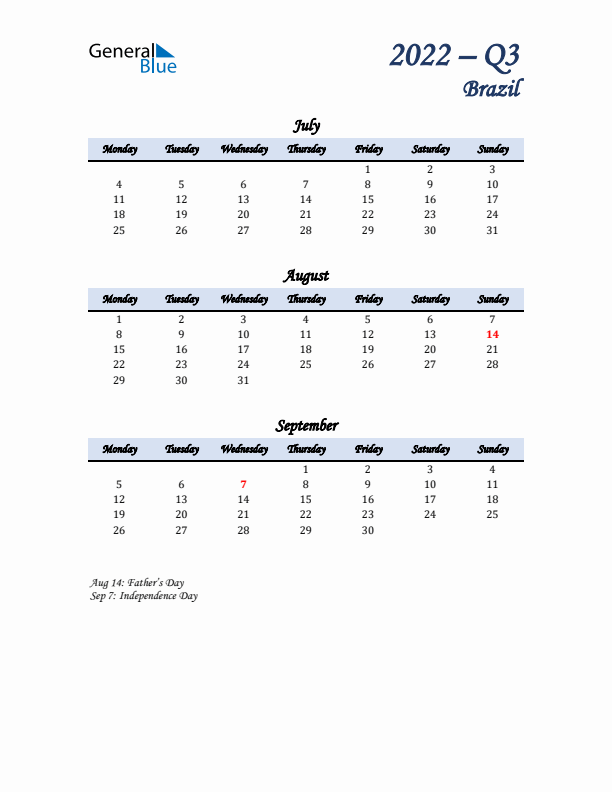 July, August, and September Calendar for Brazil with Monday Start