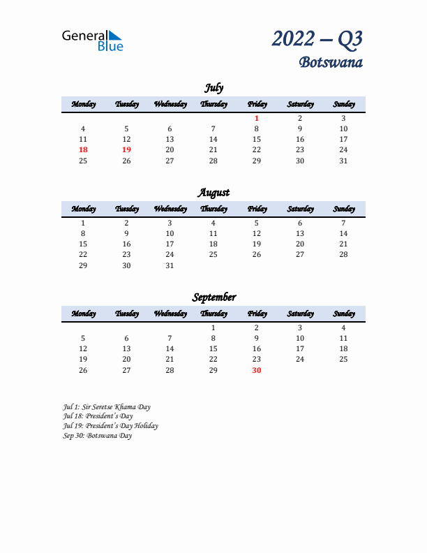 July, August, and September Calendar for Botswana with Monday Start